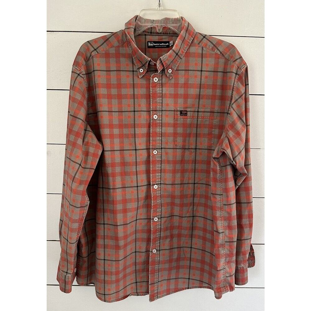 Banded Shirt Mens Orange Plaid Casual Long Sleeve Button Up Size XL